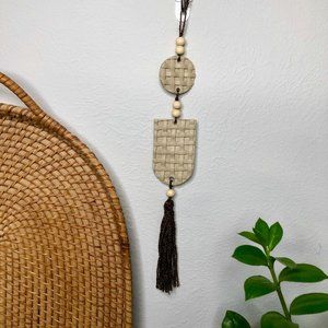 Hand Crafted Tan Clay Basket Weave wall art hanging with Brown Tassel and beads